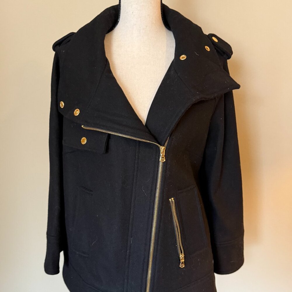 Guess Black Wool Asymmetrical Coat Jacket with Gold Zippers and Buttons | Size L